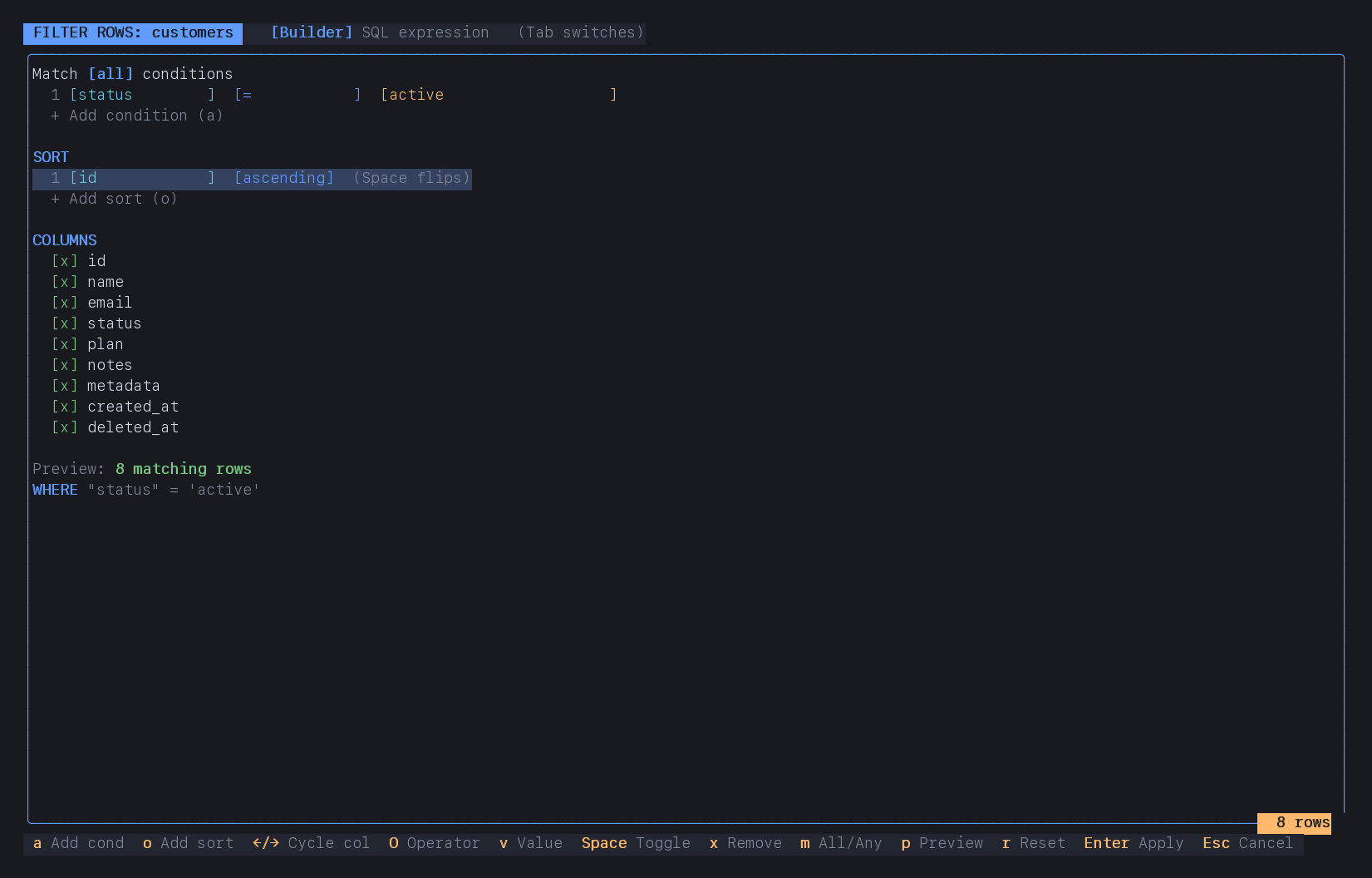 DB Desk filter builder filtering customers by active status, sorting by ID, and previewing eight matches.