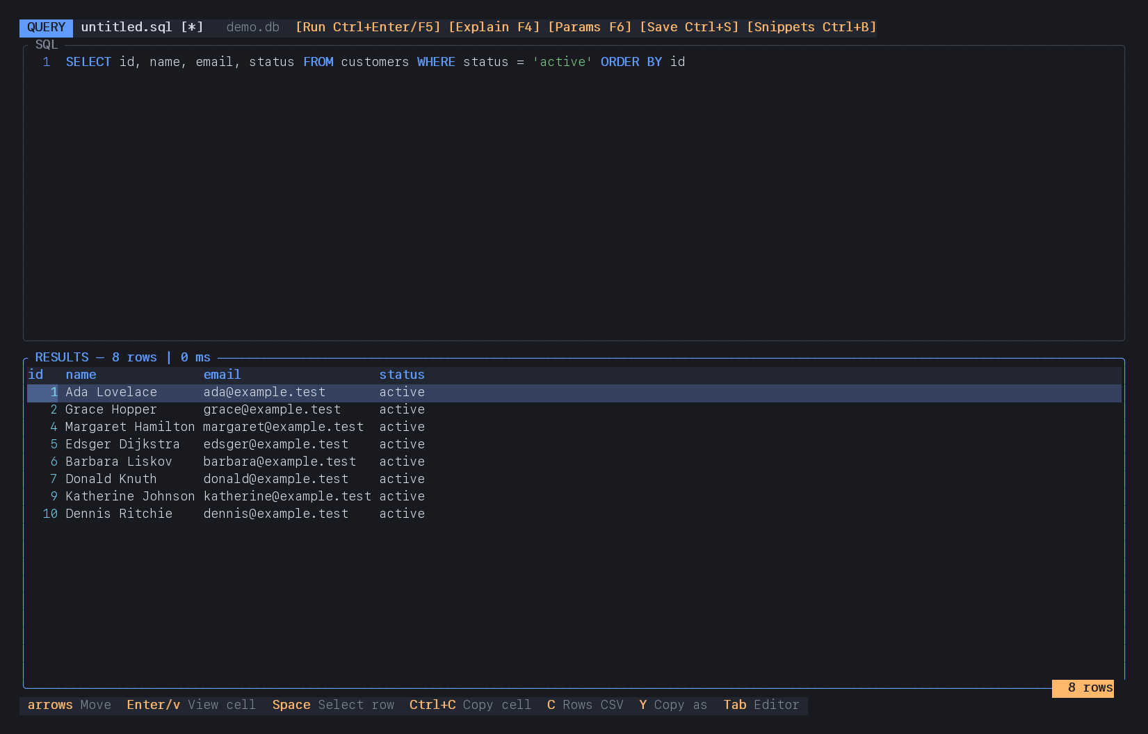 DB Desk SQL workspace showing a query for active customers and the eight matching result rows.