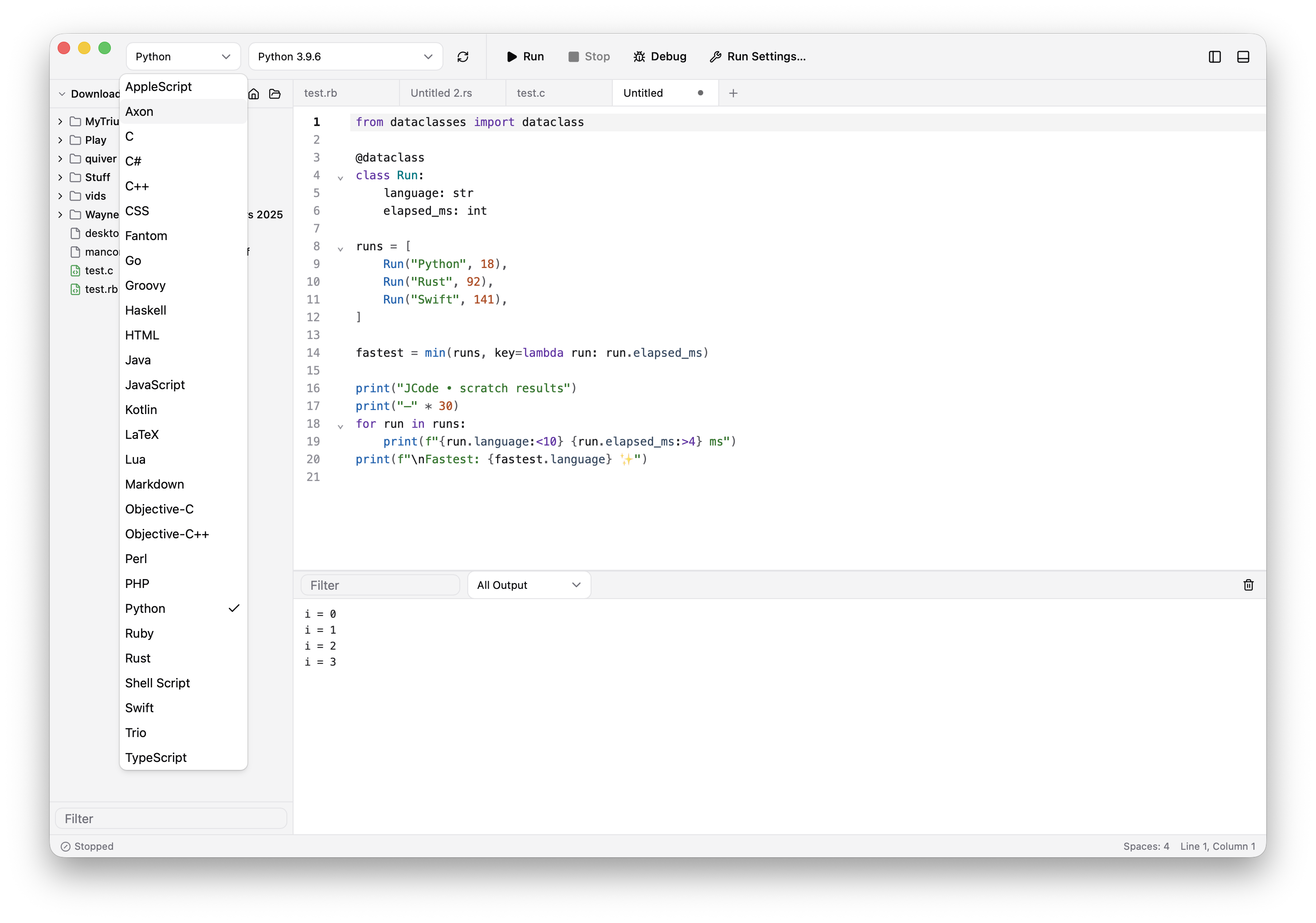 JCode's language menu showing the available code runners and their keyboard shortcuts.