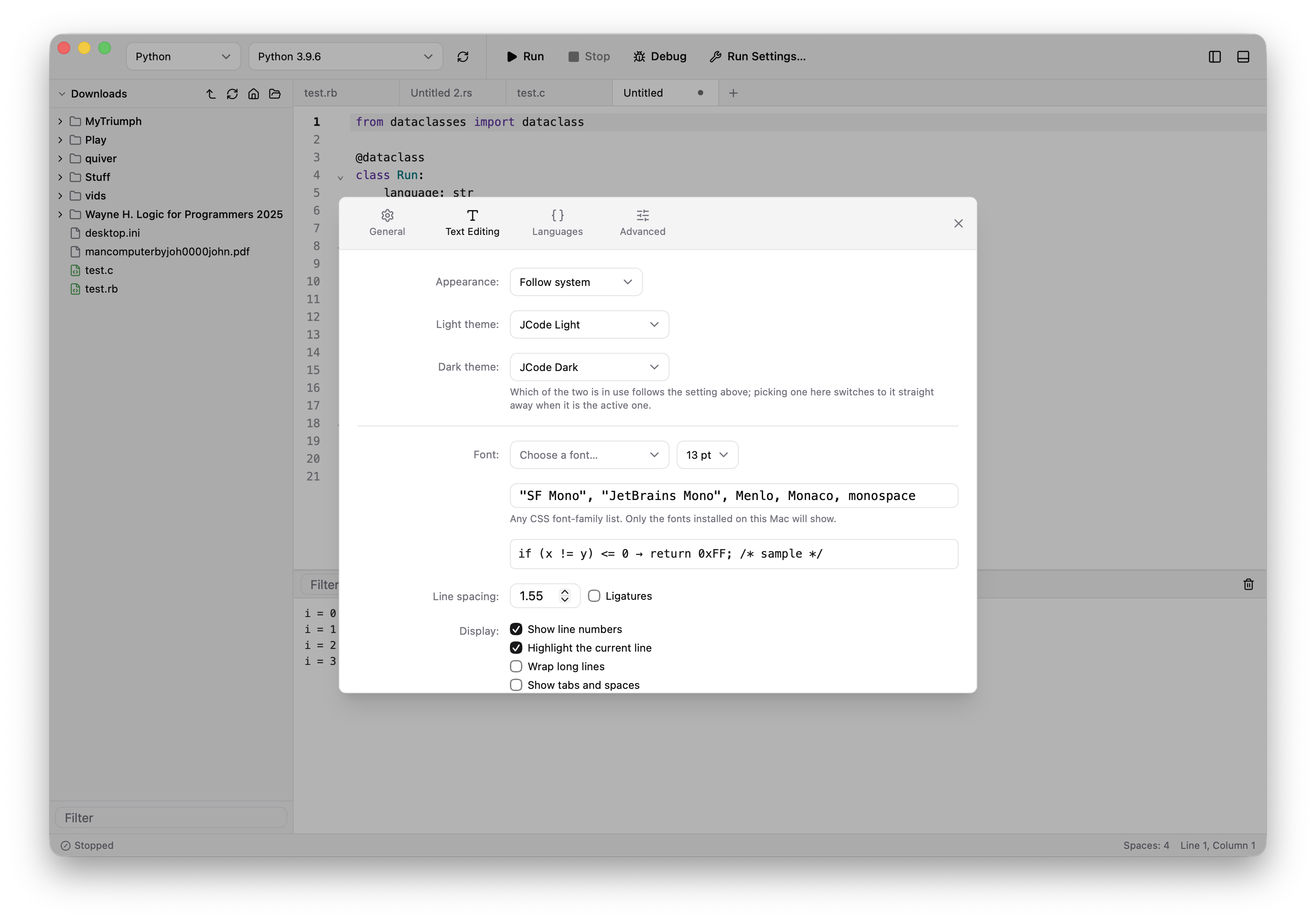 JCode preferences showing themes, editor font, spacing, wrapping, and indentation controls.