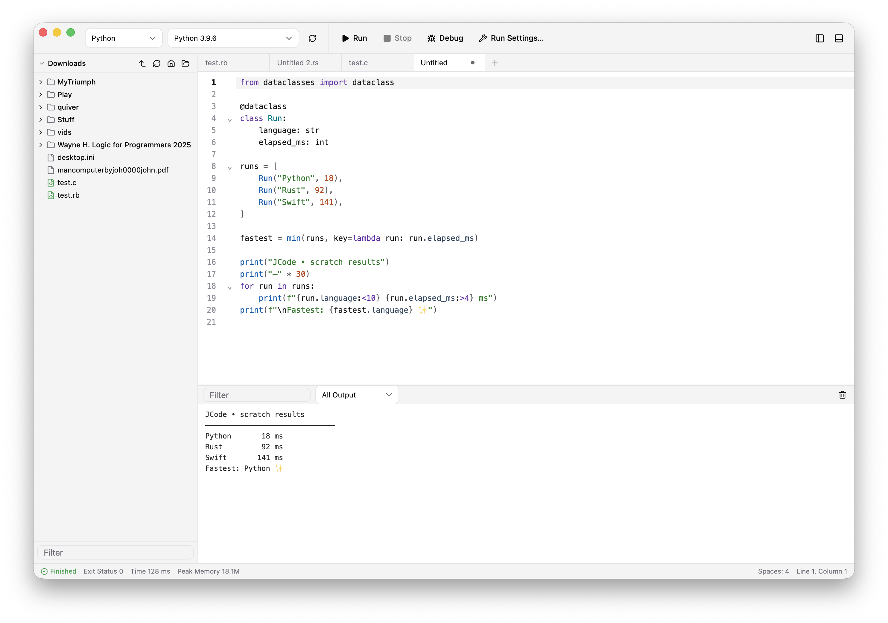 JCode running an unsaved Python scratchpad, with syntax highlighting and its output visible beside the editor.